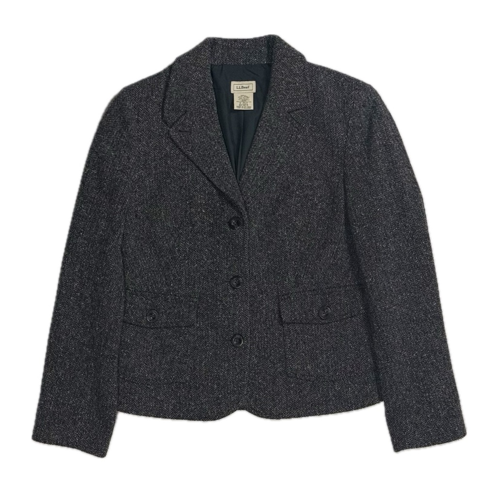 LL‎ Bean wool silk grey herringbone 3 button blazer jacket women's small petite
